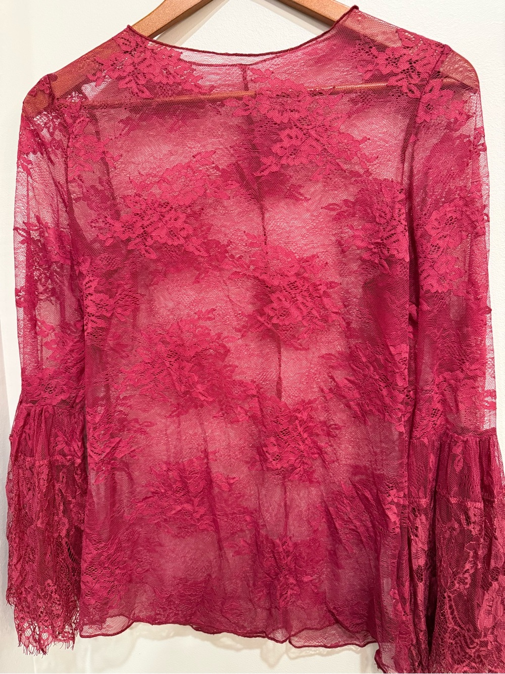 Jaded Gypsy Sheer Floral Lace Bell Sleeve Top - Raspberry
